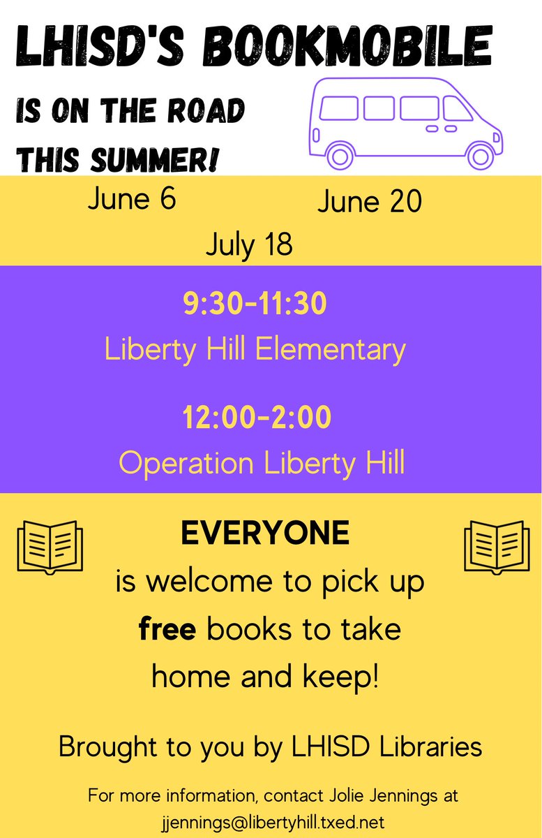 We’ve got books for all ages packed and ready to go for our first round of bookmobile stops on Thursday, June 6! See you at Liberty Hill Elementary or Operation Liberty Hill! 🚐 📚