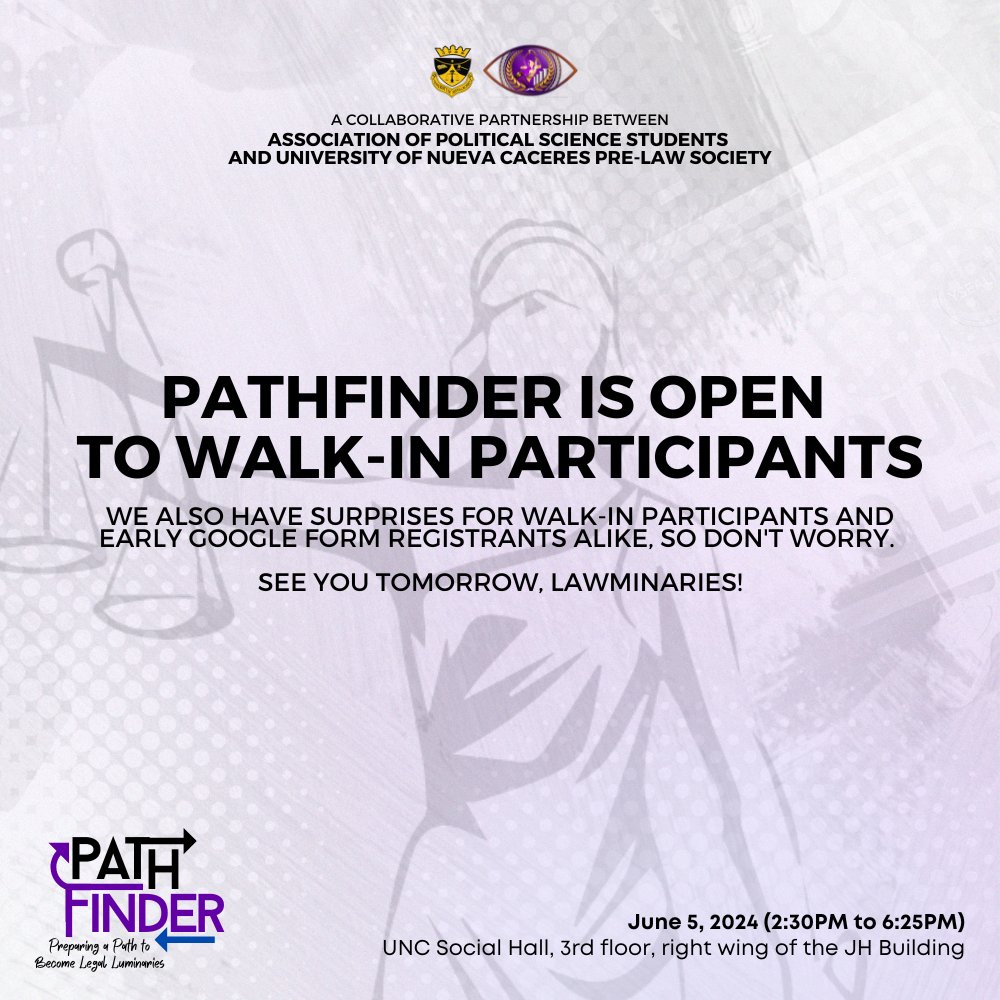 UNC_PLS's tweet photo. PATHFINDER IS OPEN TO WALK-IN PARTICIPANTS!

Plenty more surprises await those who register now until 11:59 AM tomorrow. So, what are you waiting for? Join us and register now to be eligible for all the raffle draws.

#LAWminaries https://t.co/hEVc3VDbVG