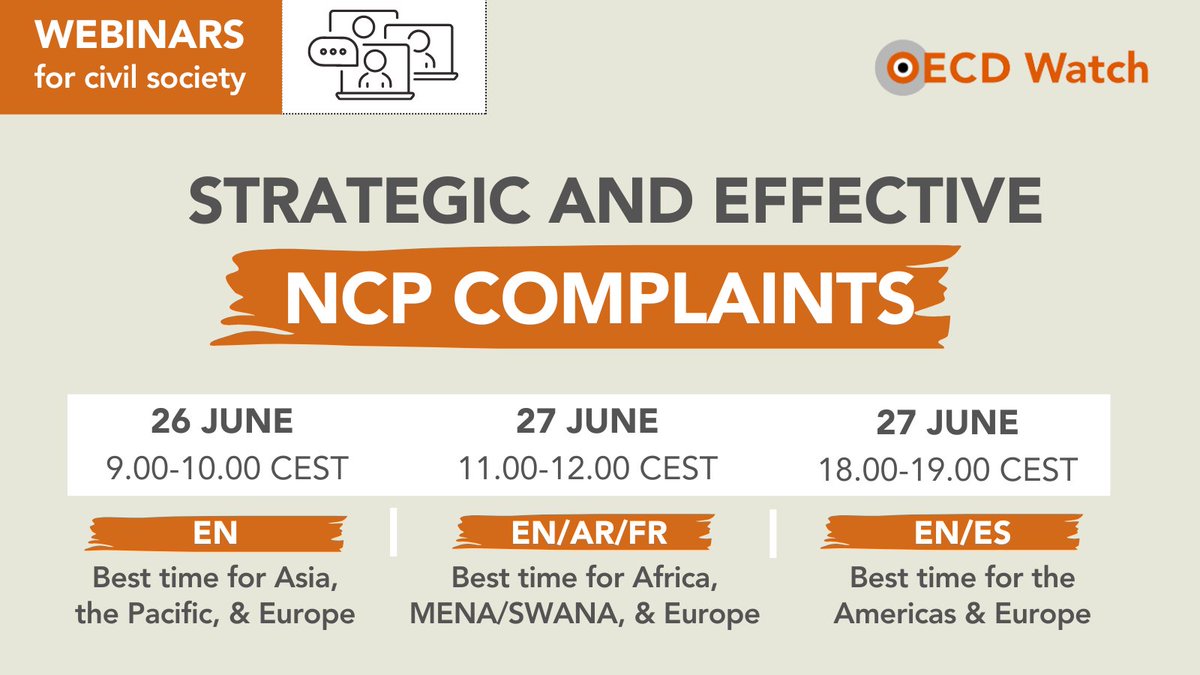 Upcoming webinars📌| How can National Contact Point (NCP) complaints support your broader strategy for justice? How can you file strategic &amp; effective cases? Join our civil society webinar on the NCP complaint process.
✍️Learn more &amp; register in advance⬇
bit.ly/3RbG39W