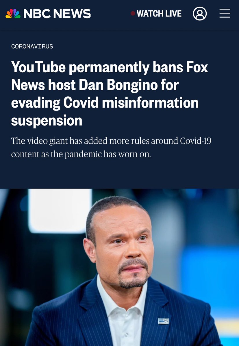 simonateba's tweet image. FLASHBACK TO COVID HYSTERIA AND THE LIVES THAT WERE RUINED: “YouTube suspended one of Bongino’s (@dbongino)
YouTube channels on Jan. 20 after he posted a video where he questioned the effectiveness of using masks against the coronavirus, a violation of the company’s