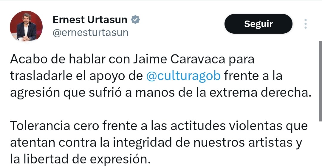 🇪🇦 | El Ministro de Cultura del Gobierno de España, Ernest Urtasun, del partido Sumar, anuncia que su Ministerio gubernamental apoya al humorista Caravaca frente al padre que protegió el honor de su hijo de unos meses de edad, al que se refiere como «la extrema derecha».