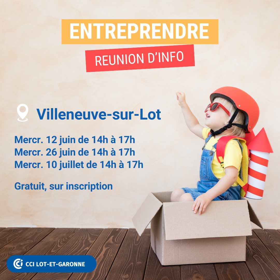 [CRÉATION/REPRISE]
🚀 Vous souhaitez créer ou reprendre une entreprise ?
👉 La réunion d'information de la #CCI47 est faite pour vous !

Inscription en ligne : swll.to/ZdCCTJh ou au 05 53 77 10 00 - com@cci47.fr

#creationentreprise