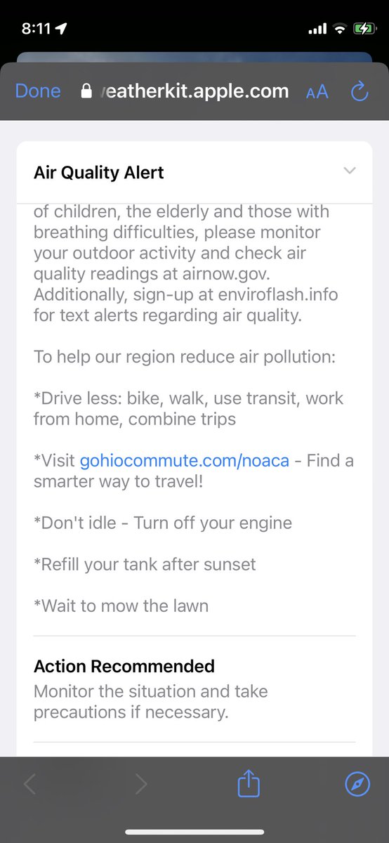 Bewildering recommendations from NOACA on my weather app this morning. If the AQ is poor, I’m to sacrifice my own health by riding my bike instead of driving? I love #cycling for transportation and wish I could do it more but these recs need some attention.