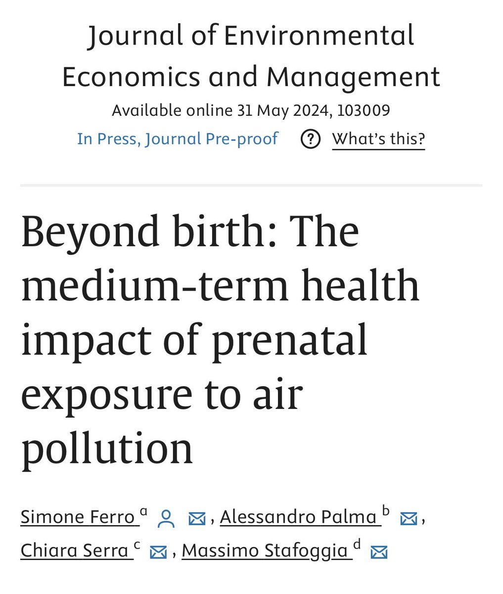 sandoralp's tweet image. 👉🏻There's a significant knowledge gap between birth and adolescence on the effects of prenatal exposure to #airpollution. In this paper we shed light on this issue! Finally out on @JEEM_tweets Congrats @smnferro and @chiarser 🎊🥳 sciencedirect.com/science/articl…