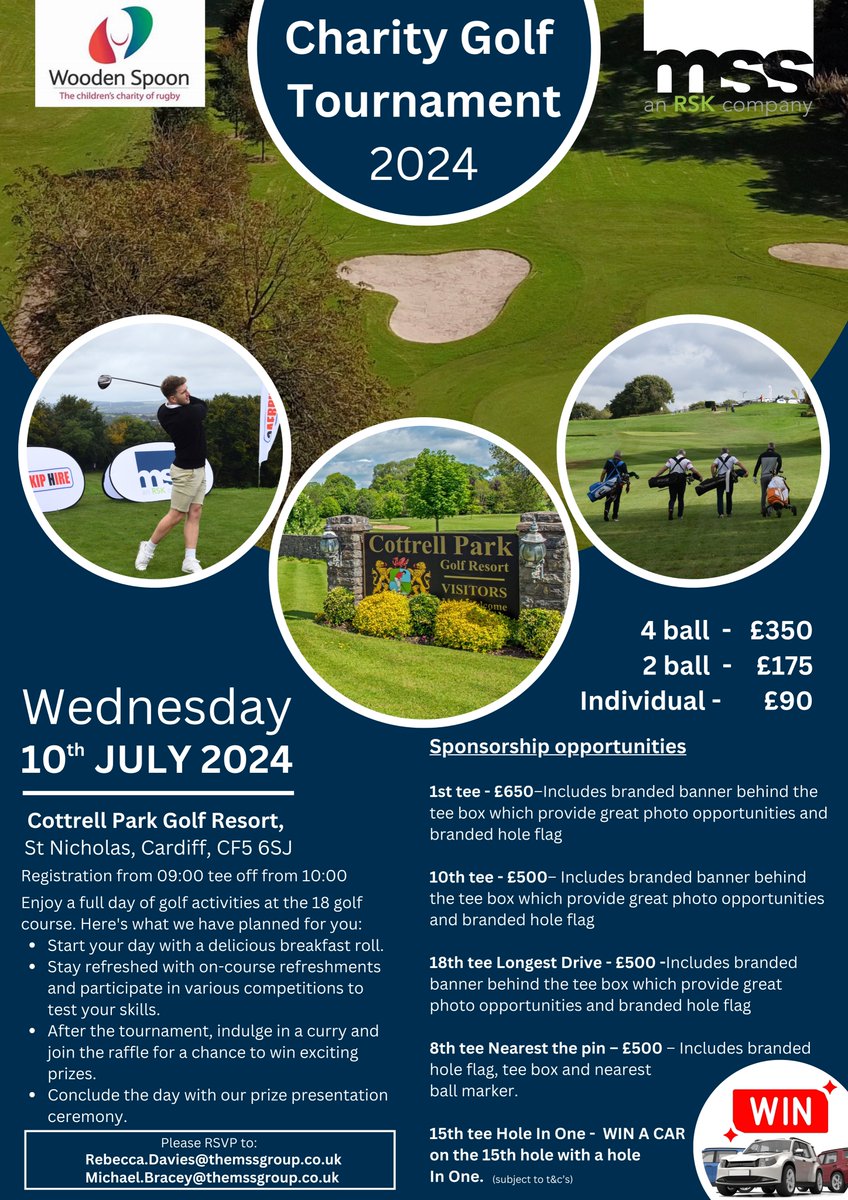 📢 Calling all clients and suppliers: Join us on our annual Charity Golf Event to raise money for <a href="/charityspoon/">Wooden Spoon</a> 

📆Wednesday 10th July
📍 Cottrell Park Golf Resort
🍳 Breakfast &amp; Lunch
⛳️ 18 Holes of Golf
🏆 Prizes &amp; Raffle

To join please email: Rebecca.davies@themssgroup.co.uk