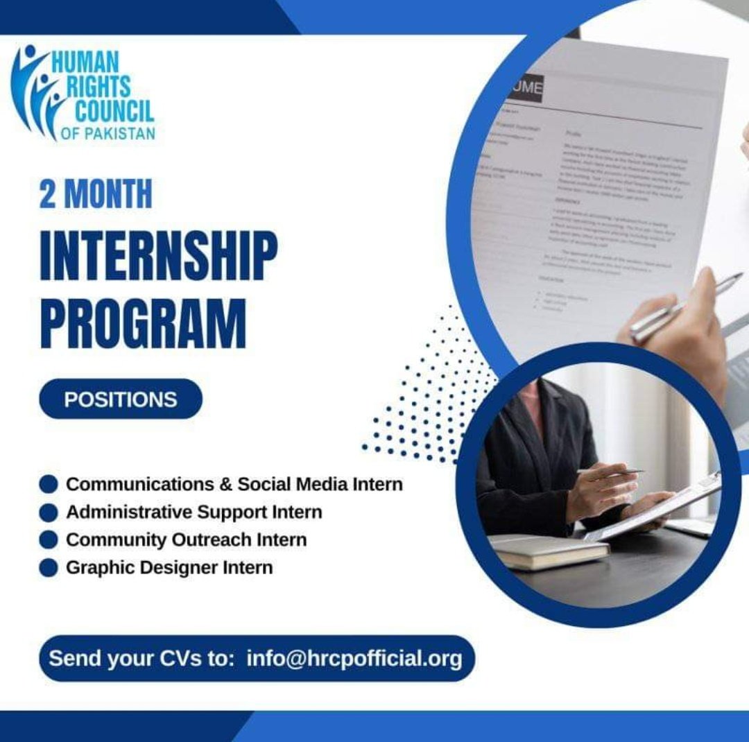 Join Us as an Intern!

We're looking for passionate interns:
1) Communications and Social Media
2) Administrative Support
3) Community Outreach
4) Graphic Designer

Send your CV to:
info@hrcpofficial.org

#Internship #HumanRights #HRC_Pakistan