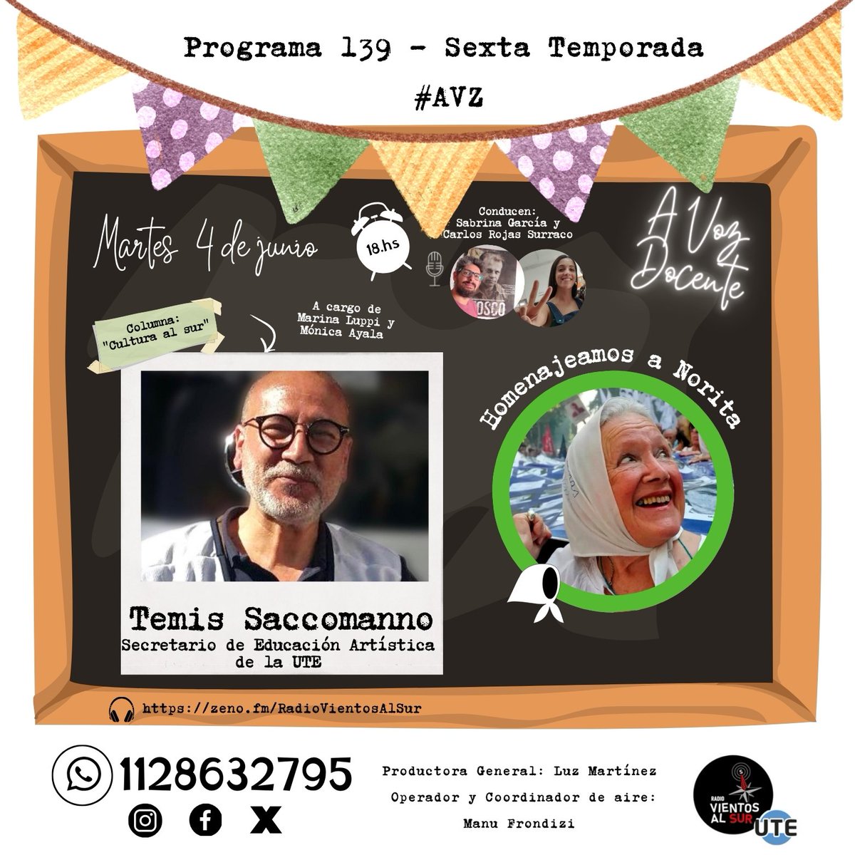 📣 #Hoy volvemos al #aire de @radiovientosalsur 
🕕 Desde las 18hs!
🎧 Link para escucharnos #envivo 
zeno.fm/RadioVientosAl…

#AVZ #Cultura #columna #Norita #Docentes #UTE #Educación #Radio #RadioEnVivo