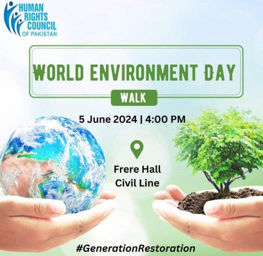 Join us in celebrating World Environment Day! 🌿🌍

Let's walk together towards a greener future and show our commitment to restoring our planet.

📅 Date: 5 June 2024
🕓 Time: 4:00 PM
📍 Location: Frere Hall, Civil Line

Be part of #GenerationRestoration and make a difference!