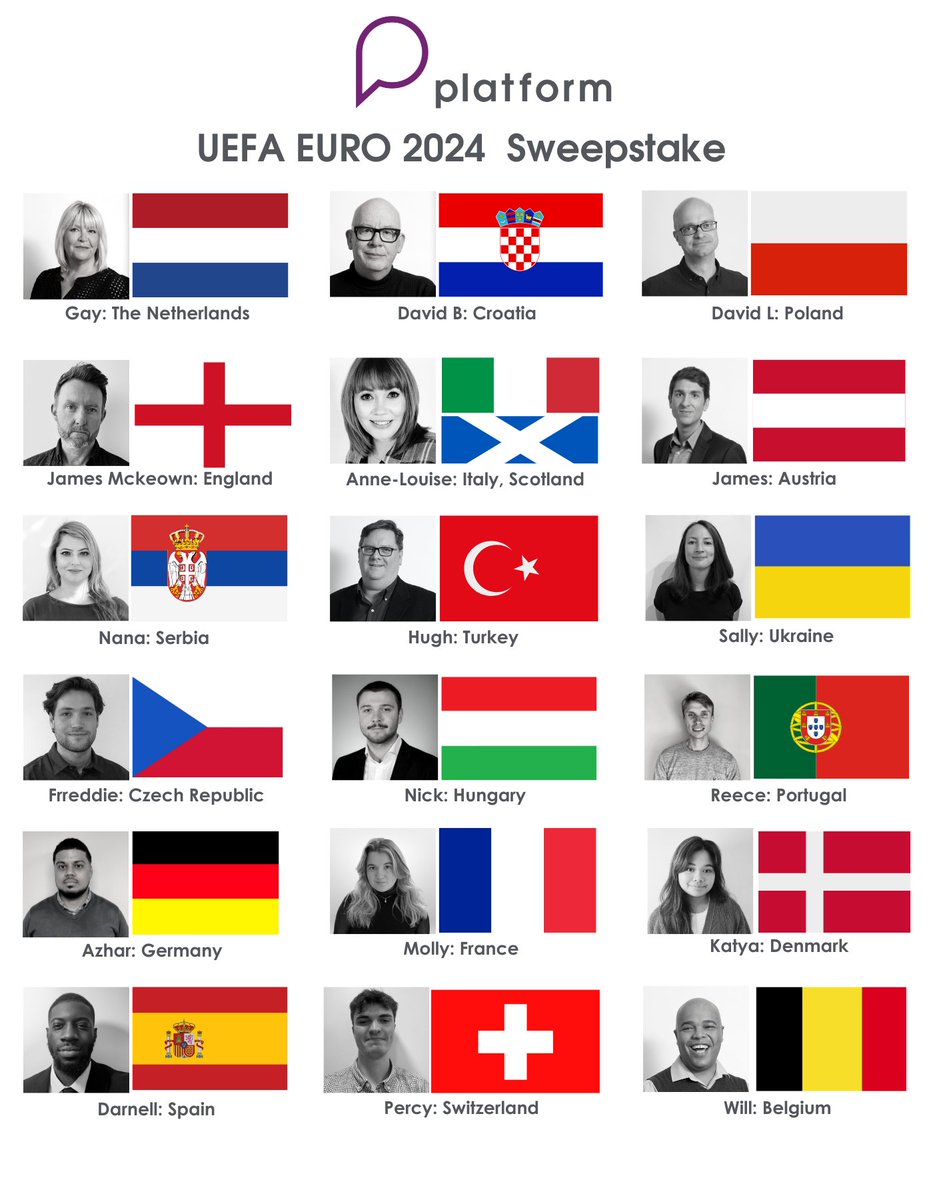 Platform_Comms's tweet photo. Football is about to come home for one lucky Platformer this July…

The Platform #EURO2024 sweepstake is on!

With billions of viewers tuning in, the world will be watching to see which European nation will reign supreme next month. Who do you think will take home the trophy? 🏆 https://t.co/vWkciYw8Rh