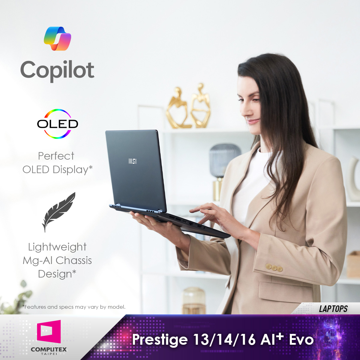 msitweets's tweet photo. Meet our next-gen AI PC lineup: Summit 13 AI+ Evo &amp; Prestige 13/14/16 AI+ Evo, powered by Intel® Core Ultra processors (codenamed "Lunar Lake"). 
Stop by and see them at the MSI Computex booth #M0806!
#MSIxComputex2024 #AIPC #Laptop https://t.co/beopCC4o2A