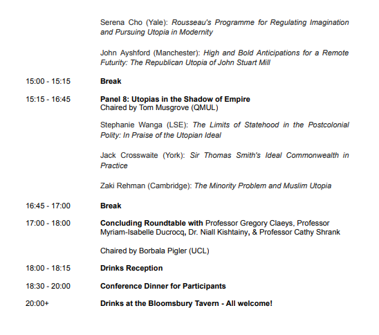 🚨🚨🚨
We are delighted to present the programme for this year's conference, on the theme of 'Utopias and Dystopias in the History of Political Thought'! The conference takes place on 20th-21st June, at UCL, and you can sign up here: forms.gle/WTN7sZThZxsCnt…