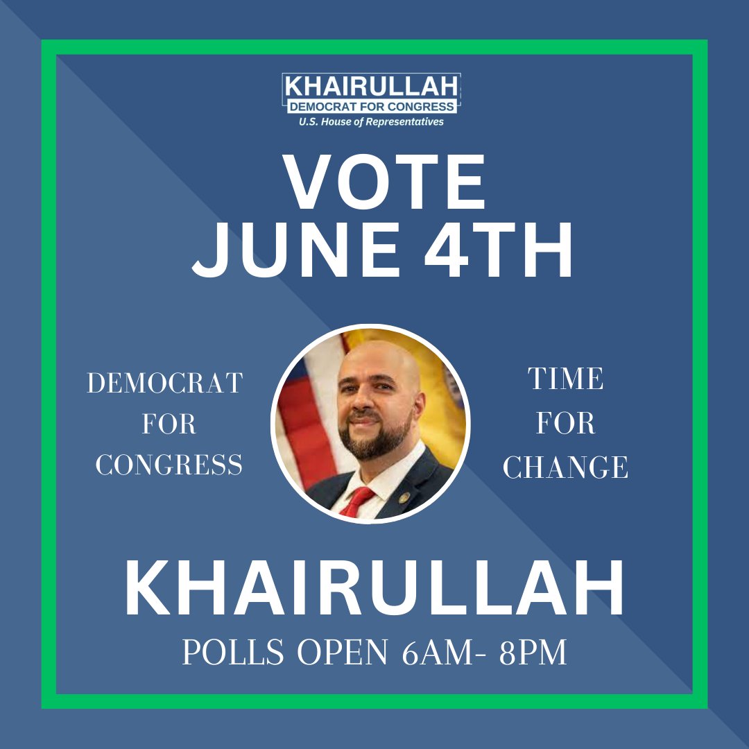 MK4Congress's tweet photo. Happy election day!! Today is the FINAL DAY to vote for Khairullah and defeat a 25 year pro-war incumbent. Polls are open until 6 PM today. Let's do this.

#votenow #khairullahforcongress #change #vote #palestine #gaza https://t.co/iMLEBrbTMe