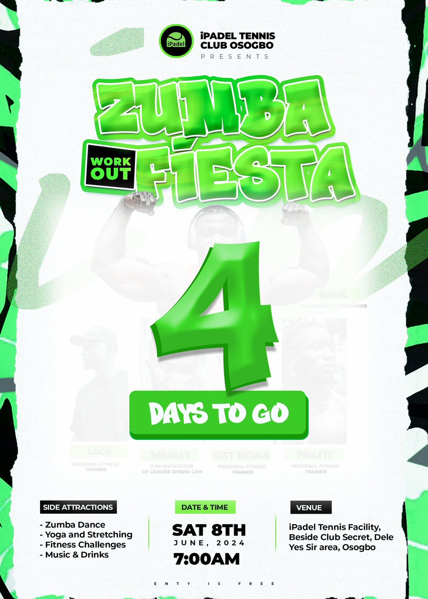 IpadelTennis's tweet photo. Our Zumba Workout Fiesta is only 4 days away.

Event Details:
Date: Saturday 8th June, 2024
Time: 7:00am
Location: iPadel Tennis Club,  beside secret club, dele yes sir area, Osogbo

Bring your friends, wear your brightest workout gear, and get ready to dance your way to fitness! https://t.co/nPgQJWiSNG