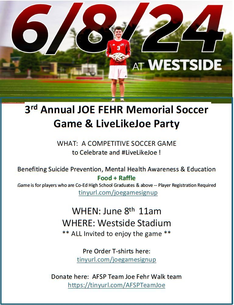 Westside66's tweet photo. Come out for a good time, and an important cause.
3rd Annual Joe Fehr Memorial Soccer Game!
Saturday, June 8th
11AM
WHS – Phelps Field
Your story isn’t over, tomorrow needs you.
#LiveLikeJoe https://t.co/a9n86ND79d