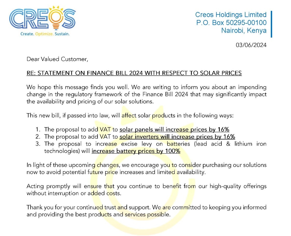 To our esteemed customers, below is a breakdown of potential effects of the Finance Bill 2024 on solar products. Please be aware.