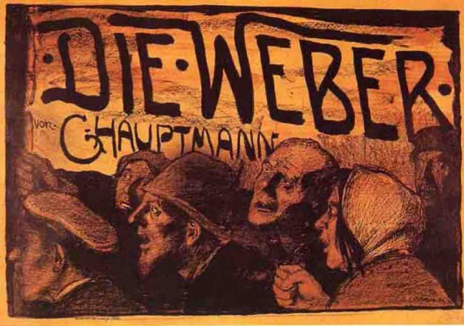 Am 4. Juni 1894 wird am Deutschen Theater Berlin nach der Aufhebung des Aufführungsverbots Gerhart Hauptmanns sozialkritisches Drama „Die Weber“ über den Weberaufstand 1844 uraufgeführt. Plakat von Emil Orlik