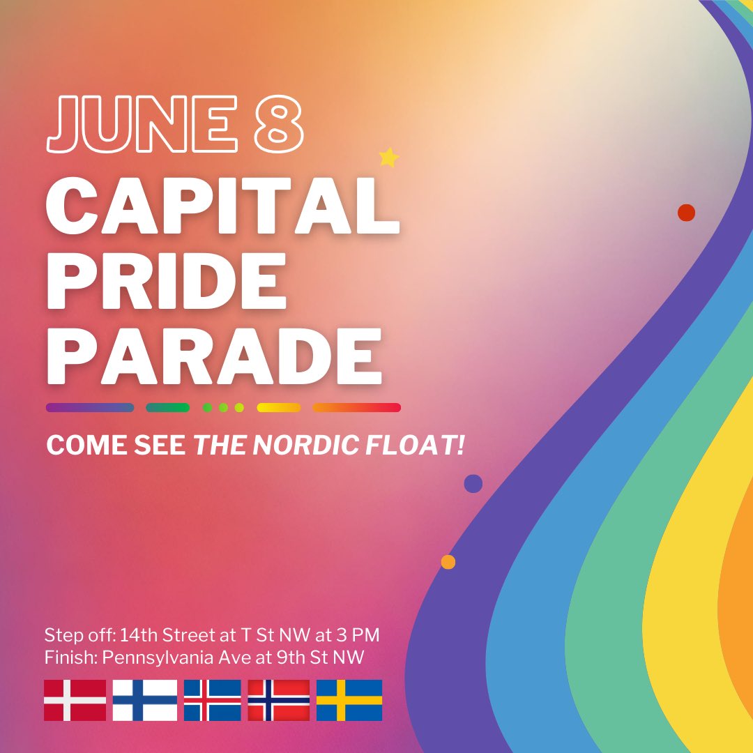 Happy Pride Month 🏳️‍⚧️🏳️‍🌈🌈

We look forward to marching in the Pride Parade in Washington DC <a href="/CapitalPrideDC/">Capital Pride</a> this Saturday along with the Nordic Embassies to celebrate equality &amp; diversity. 

Come join us! 

#NordicsForEquality 

<a href="/SwedeninUSA/">Urban Ahlin, Ambassador of Sweden to USA</a> <a href="/FinlandinUSA/">Embassy of Finland in the US 🇫🇮</a> <a href="/DenmarkinUSA/">Denmark in USA 🇩🇰</a> <a href="/NorwayUS/">Norwegian Embassy in Washington</a>