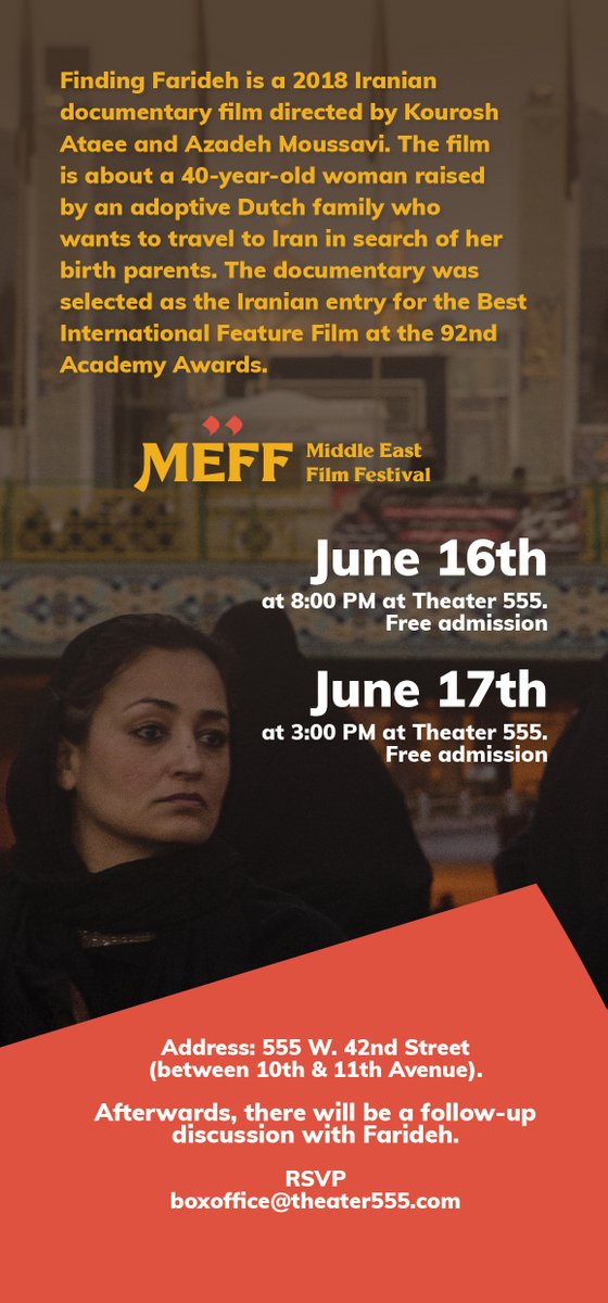 Miss_Farideh's tweet photo. Finding Farideh will screen at 16th & 17th of June in Theater 555 in New York City.
It's free admission, though do reserve your seat.
Hope to see you there!
#findingfarideh #supportingiraniancinema #newyorkcity #arthasnoboundaries #documentary
#fromamsterdamtomashhad #Iran https://t.co/FzWpVwZiuj