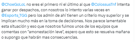 Civicris_'s tweet photo. @TeamAbora @ColossusTnf "Apreciación deportiva" después de haber respondido al hilo de otro equipo con el comentario de la 2ª imagen y sacando a la mañana siguiente un comunicando con este párrafo criticando al CEO de Colossus.

Si tenéis algún problema con la norma, pues a @TLPEsports. https://t.co/T5jfDRASDx