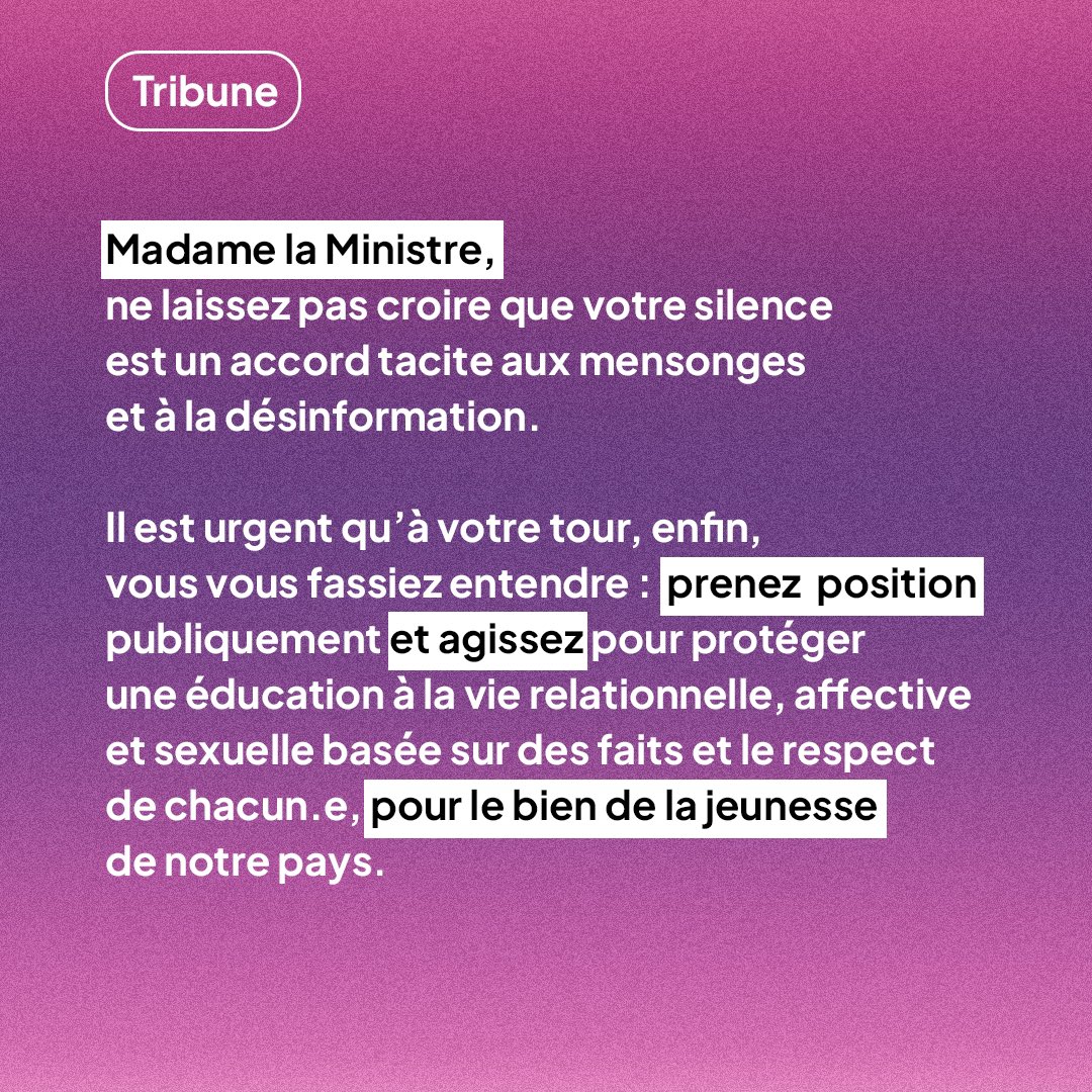Il est temps que l'Etat prenne la défense de l'éducation à la sexualité.

Cette mission d'intérêt général est la cible d'une désinformation massive. Le silence des institutions profite aux collectifs réactionnaires. 

Partagez la tribune à destination de la ministre
<a href="/NBelloubet/">Nicole Belloubet</a> !