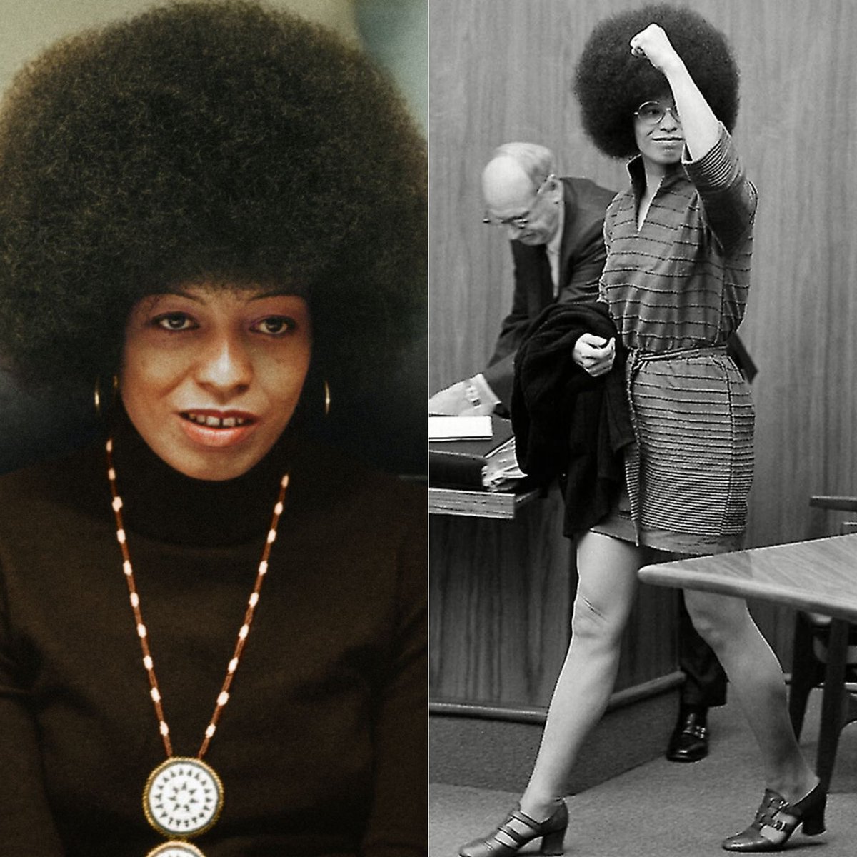 AfricanArchives's tweet photo. On this day in 1972, Angela Davis was acquitted of charges stemming from a 1970 courtroom shootout.

Angela Davis, an iconic figure in the Civil Rights Movement and a prominent political activist, faced trial in 1972 on charges related to a courtroom shootout in Marin County, California. 

Angela Davis, a scholar and member of the Communist Party USA, was a prominent advocate for prisoners' rights and an outspoken critic of racial injustice. In 1970, firearms registered to Davis were used in an armed takeover of a courtroom in Marin County, California, in an attempt to free the Soledad Brothers (3 black  inmates charged with the murder of a prison guard). 

The incident resulted in the deaths of four individuals, including a judge. Angela Davis was charged with aggravated kidnapping and first-degree murder in connection with the courtroom incident. 

Her arrest and subsequent trial drew international attention, sparking a global "Free Angela Davis" campaign. The trial commenced in March 1972. 

Davis was defended by a team of notable lawyers, including Howard Moore Jr., Leo Branton Jr. and Doris Brin Walker. The prosecution argued that Davis was complicit in the planning of the escape attempt, while the defense contended that she was being persecuted for her political beliefs and activism.

Her trial highlighted issues of racial inequality, the justice system's treatment of African-Americans, and political repression. Angela Davis was acquitted of all charges on June 4, 1972, after a 13-week trial. The jury concluded that she had not been involved in the planning of the kidnapping and murders.