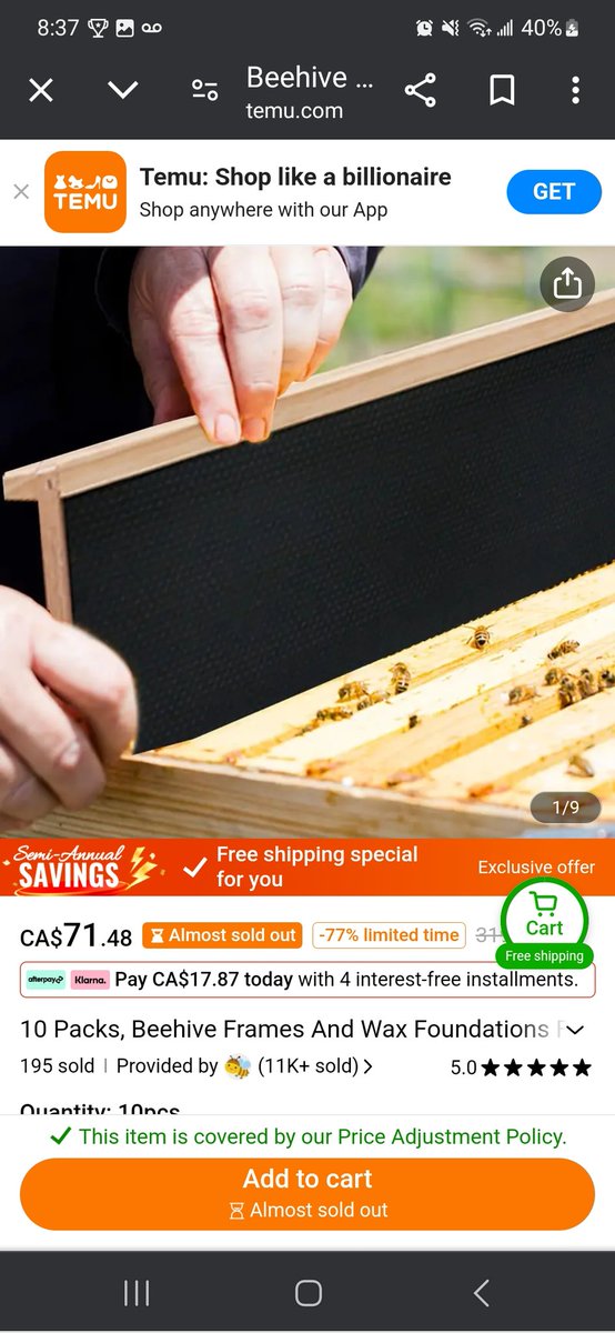 SaveWildBees's tweet photo. You can buy beehives on Temu and they've sold 11,000 units so far. Each hive has 10-50,000 bees in it. At the lowest end that's 110 million new non-native individuals introduced into the environment. Tell me again about how honeybees are in decline again? #SaveWildBees https://t.co/LlK0xHG8Ob