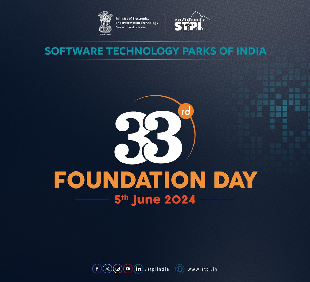 STPI is organising a seminar on 'Positioning Bharat as a Tech Product Nation' on the occasion of its 33rd Foundation Day.  
🗓 5th June 2024
🕤 9:30 am
🔴Watch Live: bit.ly/stpi-at-33
#STPI33Years