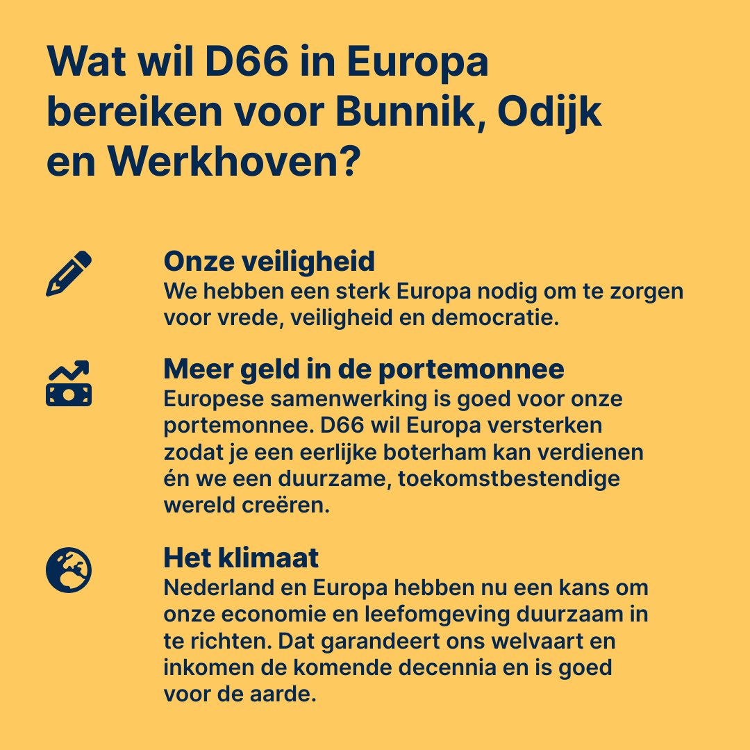 Een sterk Europa 🇪🇺 voor Nederland 🇳🇱. We hebben de Europese Unie nodig. Voor onze veiligheid in de wereld, voor een sterke economie en om klimaatverandering tegen te gaan en onze natuur te beschermen. 

Vind jij dat ook? Stem dan D66 op 6 juni bij de Europese Verkiezingen.
