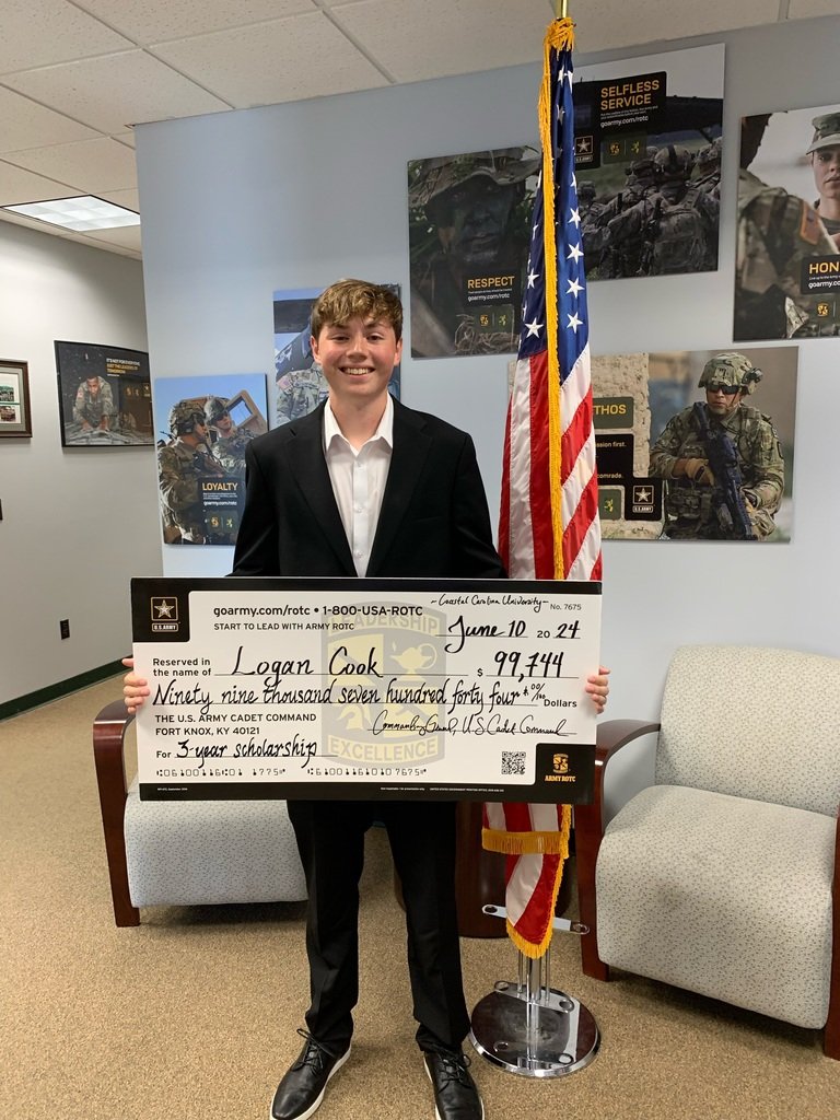 What a great honor for Hilton senior Logan Cook who recently received a three-year scholarship from the Army ROTC.  Logan will attend Coastal Carolina University in the fall and after graduating from CCU will be commissioned as a 2nd Lieutenant in the United States Army.