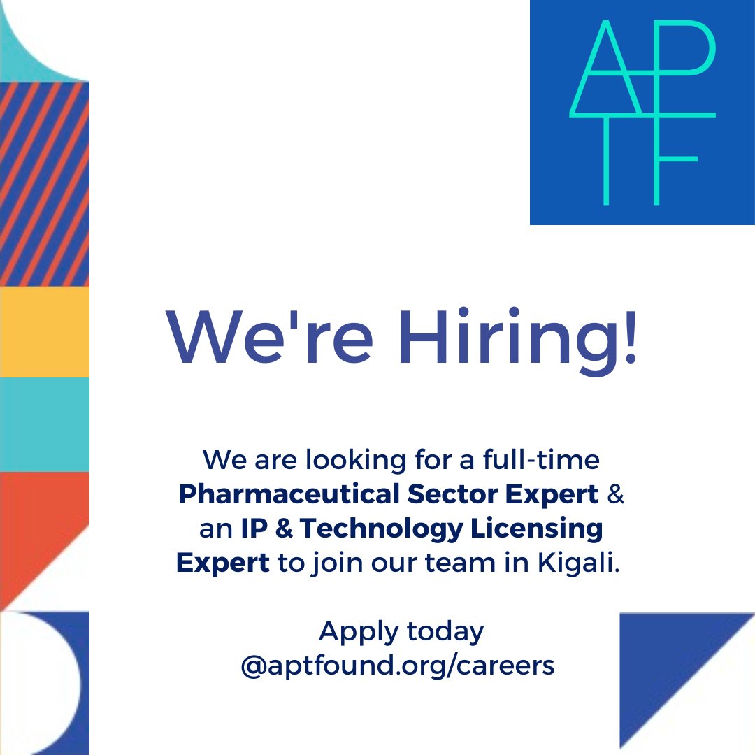 African Pharmaceutical Technology Foundation (@aptf_org) on Twitter photo Just a week left to apply for two full-time positions <a href="/APTF_org/">African Pharmaceutical Technology Foundation</a> #Kigali. We're looking for ☑️ Pharmaceutical Sector Experts & ☑️ Intellectual Property & Technology Licensing Experts (12-month, renewable contracts). #pharmaceutical #biotechnology #vaccines #PublicHealth #Africa Just a week left to apply for two full-time positions <a href="/APTF_org/">African Pharmaceutical Technology Foundation</a> #Kigali. We're looking for ☑️ Pharmaceutical Sector Experts & ☑️ Intellectual Property & Technology Licensing Experts (12-month, renewable contracts). #pharmaceutical #biotechnology #vaccines #PublicHealth #Africa