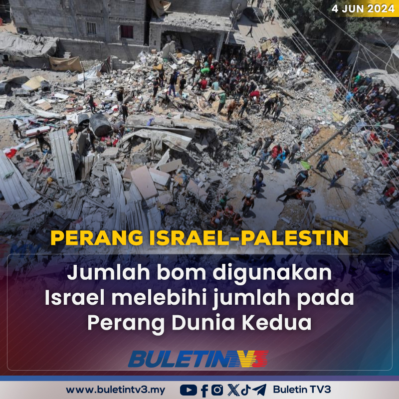 BuletinTV3's tweet photo. PERANG ISRAEL-PALESTIN | Israel telah menggugurkan lebih 70,000 tan bom di Semenanjung Gaza sejak Oktober tahun lepas, jauh mengatasi jumlah yang digugurkan di Dresden, Hamburg dan London semasa Perang Dunia Kedua, lapor Agensi Anadolu (AA). https://t.co/oboSAuQZhf