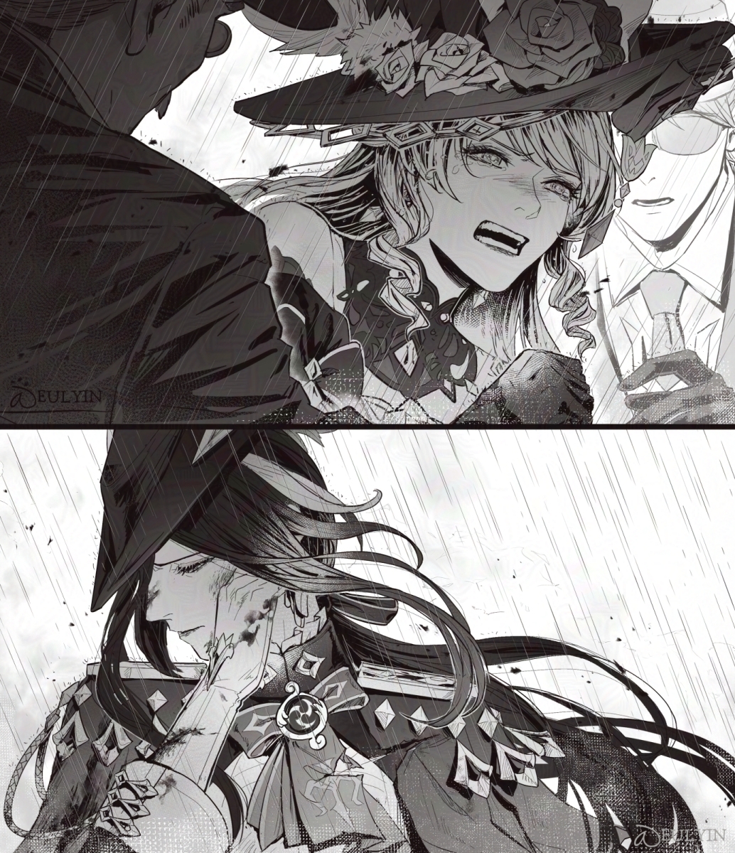 [Fallen Grace]
Bit of my thought: Callas would still fight w/ all he has (also to honor Clorinde). If not, people would suspect his defeat.
For Clo, no matter how strong she is &amp; her rigor to duty, fighting Callas was another conflict.

#GenshinImpact #HoYocreators #Genshinfanart