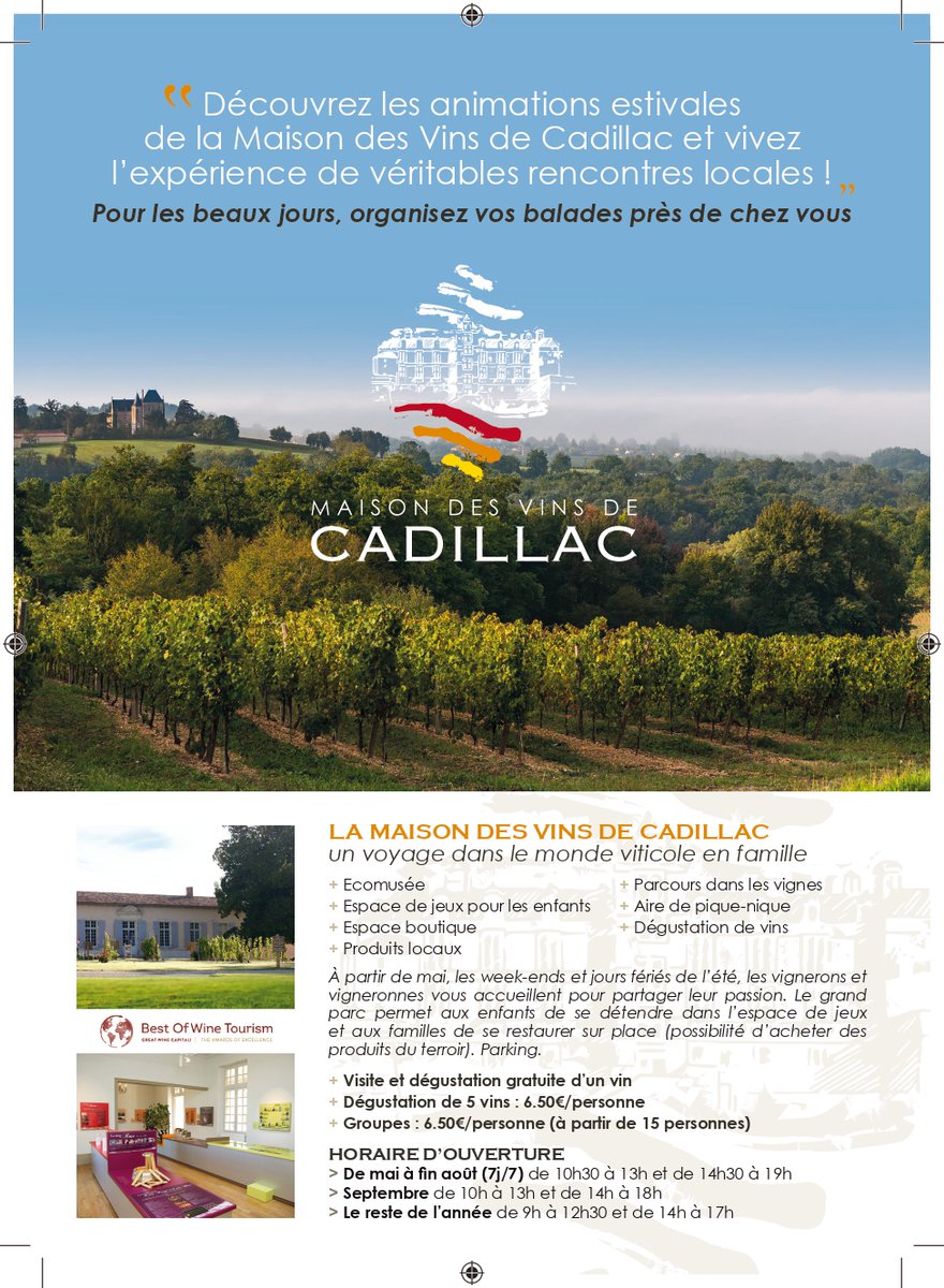 cadillacvins's tweet photo. ☀️Découvrez le programme estival de la Maison des Vins !
Apéros vignerons, soirées concerts, ateliers de cuisines, ou dégustations, ne loupez pas les animations de cet été ! (téléchargez le programme) https://t.co/yI383sHkr3