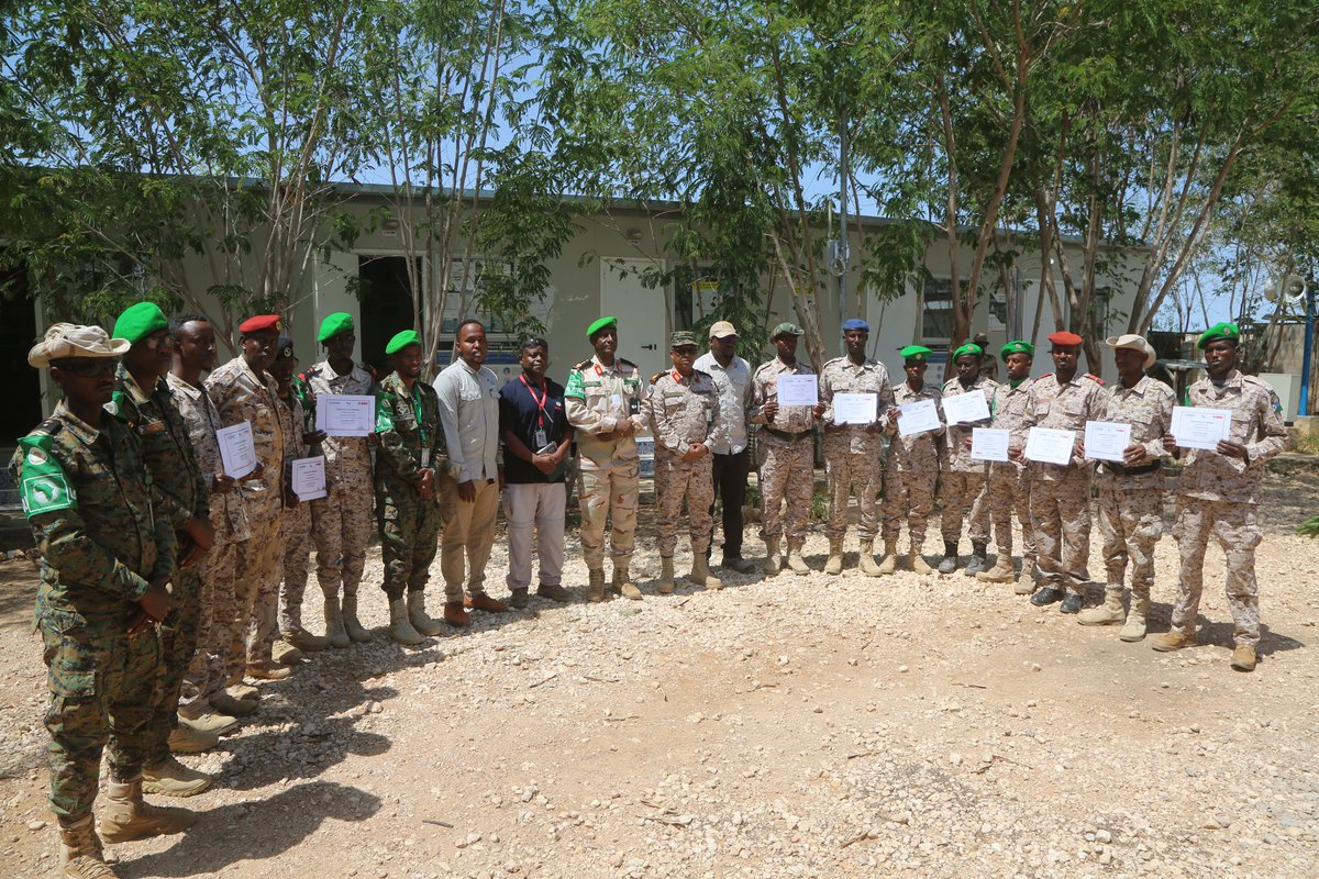 ATMIS_Somalia's tweet photo. On Monday, 11 #ATMIS #DNDF troops completed a one-month intensive Counter-Improvised Explosive Device (C-IED) training at Sector 4 headquarters in Beletweyne, Hirshabelle State.
The training, conducted by @UNMAS, aims to equip officers with skills to conduct route searches & minimise the threat of Improvised Explosive Devices (#IEDs) mounted by Al-Shabaab along major supply routes.
#ATMIS Sector 4 Commander Col. Said Waberi Harour & DNDF Battalion Commander, Col. Mohamed Hassan Abdallah, awarded certificates to the troops & emphasised the importance of the training, urging them to apply the acquired skills for security & protecting local communities from the dangers posed by IEDs. #ATMISInTheSectors