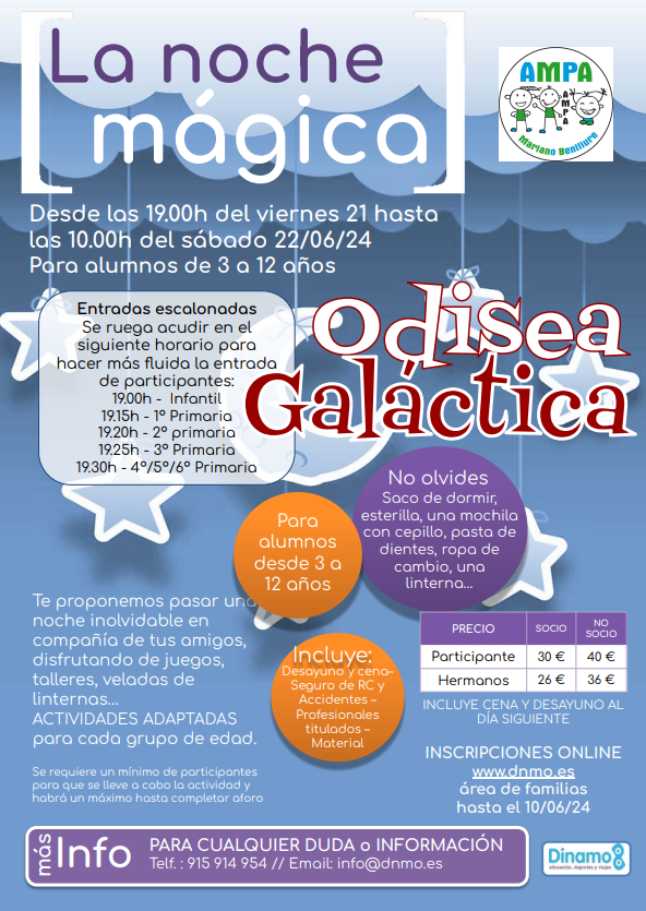 AMPAMBCV's tweet photo. Vive una Odisea Galáctica en esta edición de la Noche Mágica en el colegio que se celebrará el próximo viernes 21 y 22 de junio. Te proponemos pasar una noche inolvidable en compañía de tus amigos, disfrutando de juegos, talleres, veladas de
linternas… https://t.co/IW6IPjjrQQ