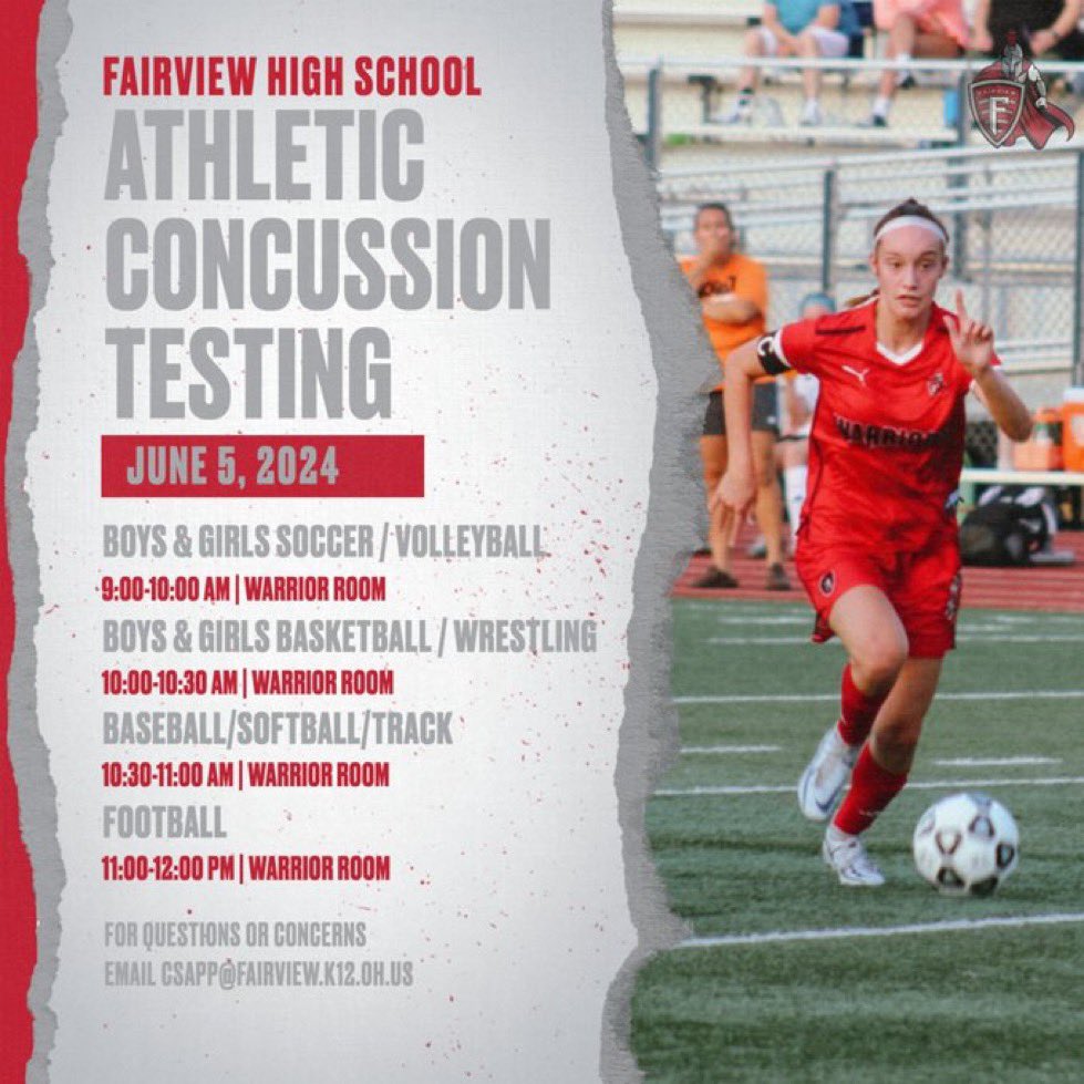 🚨 Tomorrow 🚨

Attention all incoming freshmen-seniors

I-pad concussion testing will be done Wednesday June 5th in the Warrior Room.  Please find your team's time slot and plan on attending.  See AT Chelsea if you have any questions.
#WarriorPride