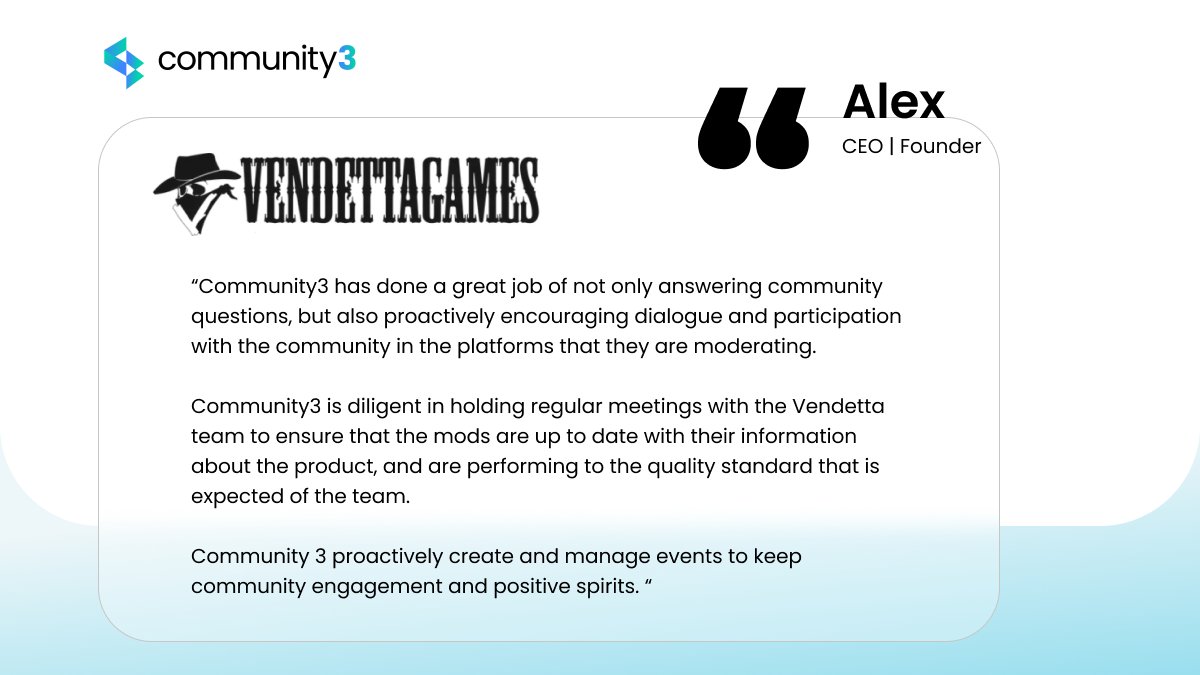 Collaborating with <a href="/VendettaGamesHQ/">Vendetta Games</a> over the past 8 months has been a fantastic journey, our team covered their TGE and the Vendetta NFT collection launches.

Looking for a community management upgrade?
Get in touch ⬇️
🔗 community3.io