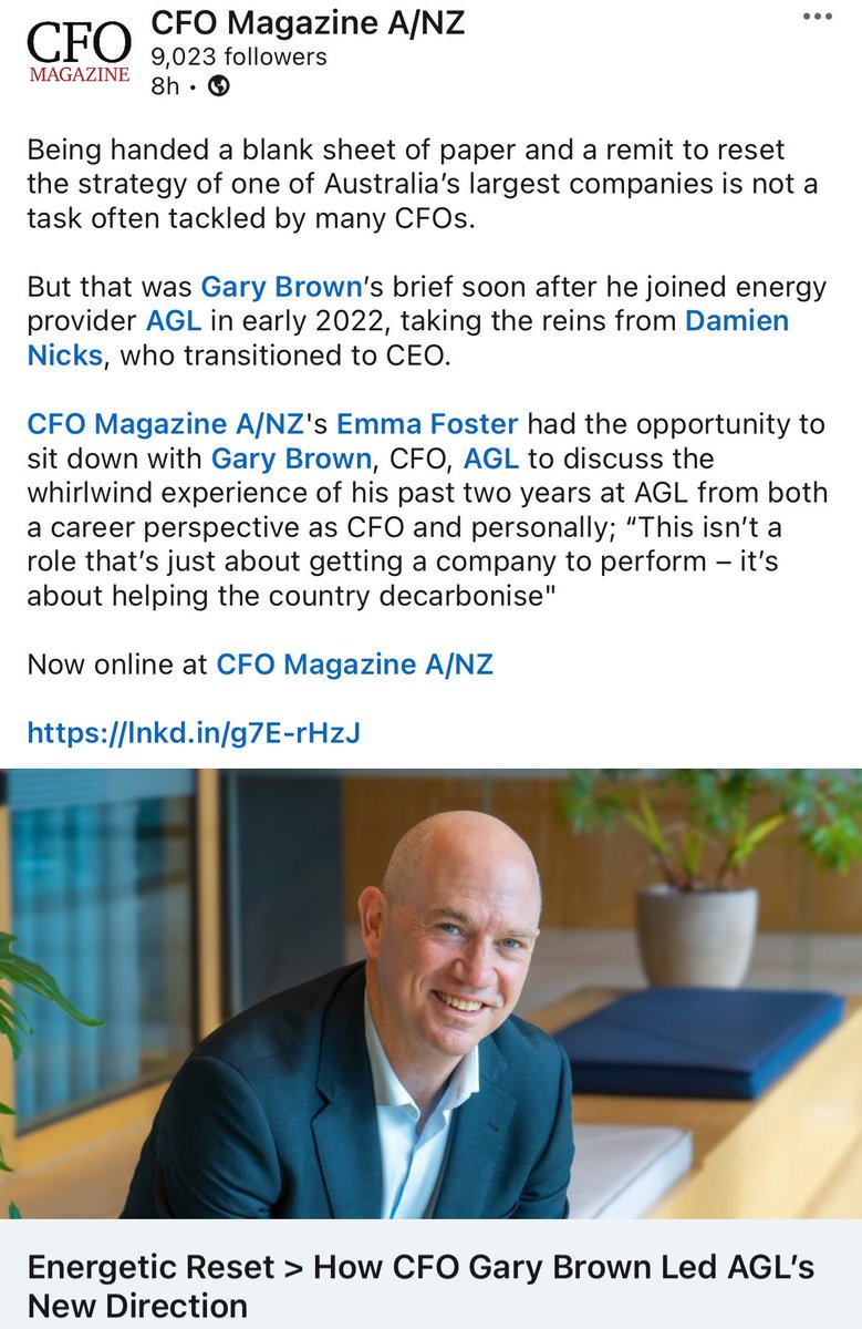 Excellent interview with Gary Brown, CFO at <a href="/AGLEnergy/">AGL</a> on leading the strategy review and transition to a green future for Australia’s largest electricity generator &gt; Now online at CFOMagazine.com.au