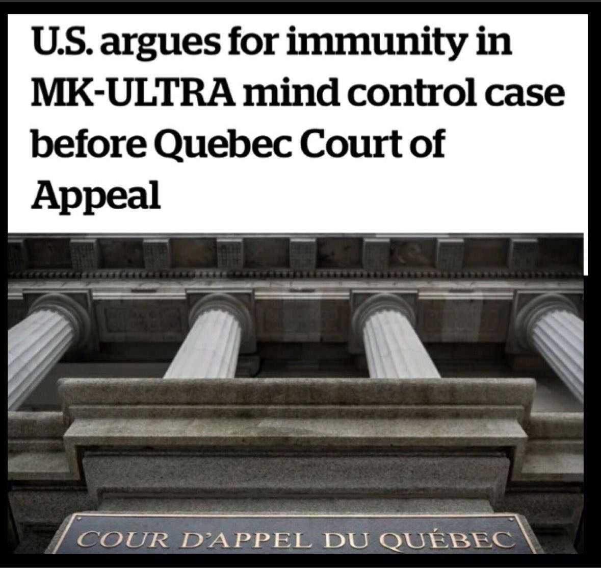 Article March 2023 The U.S. government successfully argued in Quebec Superior Court last August that the country couldn't be sued for the project known as MK-ULTRA, allegedly funded by the Canadian government and the CIA. cbc.ca/news/canada/mo…