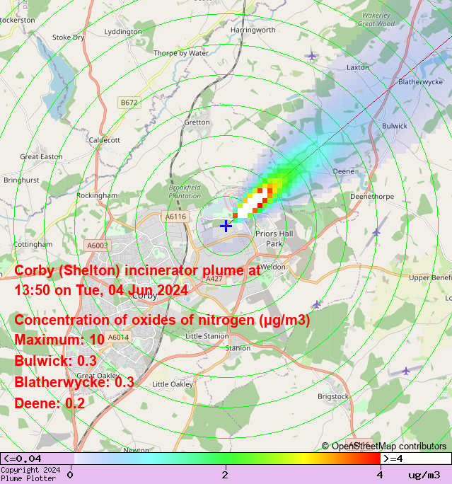 plumeplotter's tweet photo. Latest Corby (Shelton) incinerator plume plot, 13:50 04/06/24 #Bulwick #Blatherwycke #Deene https://t.co/nKudPtHNrd https://t.co/AEJPDu3qKB