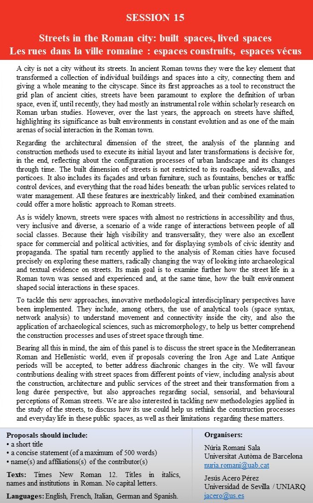 Demà 5 de Juny la Dra. Núria Romaní organitza la sessió número 15 “Streets in the roman city: built spaces, lived spaces” al XXe Congrès International d’Archéologie Classique que se celebra entre els dies 3 i 9 de juny de 2024 a Paris. @aiacarcheologiaclassica

#XXthCIAC