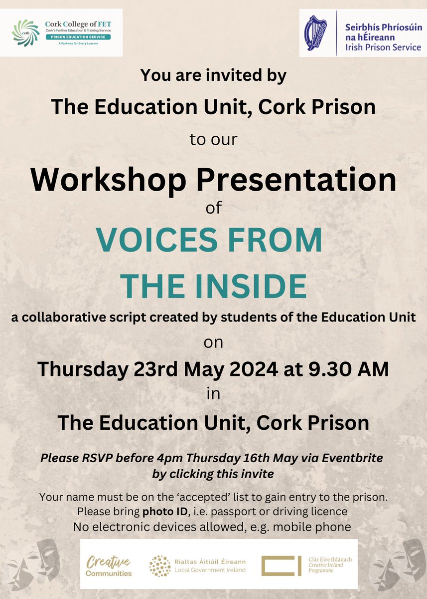 Fantastic to see the collaborative script of Voices from the Inside performed in Cork ETB's Education Unit,Cork Prison,last week.Well done to the students &amp; their teachers Shirley,Ciarán &amp; Hannah.We look forward to seeing this wonderful collaboration continue to grow and flourish