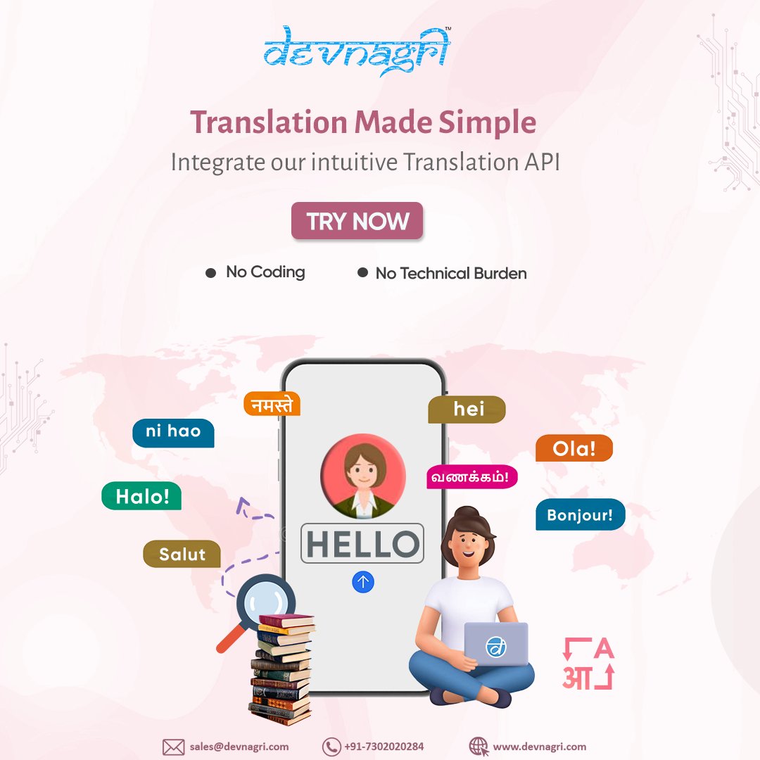 DevnagriAI's tweet image. Looking for an efficient #TranslationAPI? Look no further than Devnagri!
Our powerful #API seamlessly integrates with your #applications, providing accurate and culturally nuanced #translations in over 22 #Indian #languages. 
Visit -devnagri.com