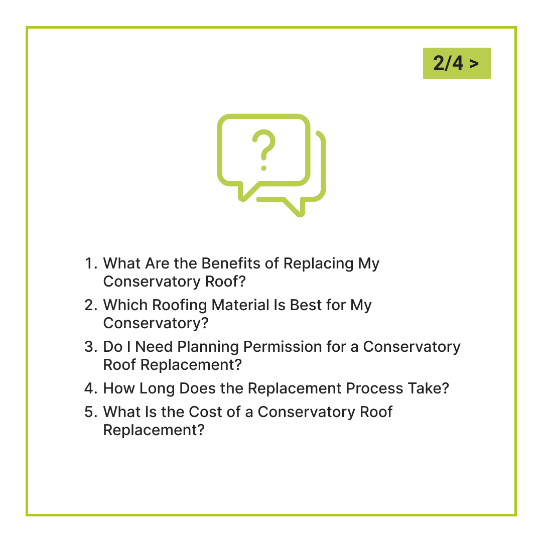 Projects4Roofin's tweet photo. Top 5 FAQs on Conservatory Roof Replacement! 

1️⃣ Benefits of a new roof?
2️⃣ Best materials to use?
3️⃣ Need permission for the upgrade?
4️⃣ Timeframe for replacement?
5️⃣ How much will it set me back?

👉 Swipe to reveal the answer to one hot question! https://t.co/czytG4pBK5