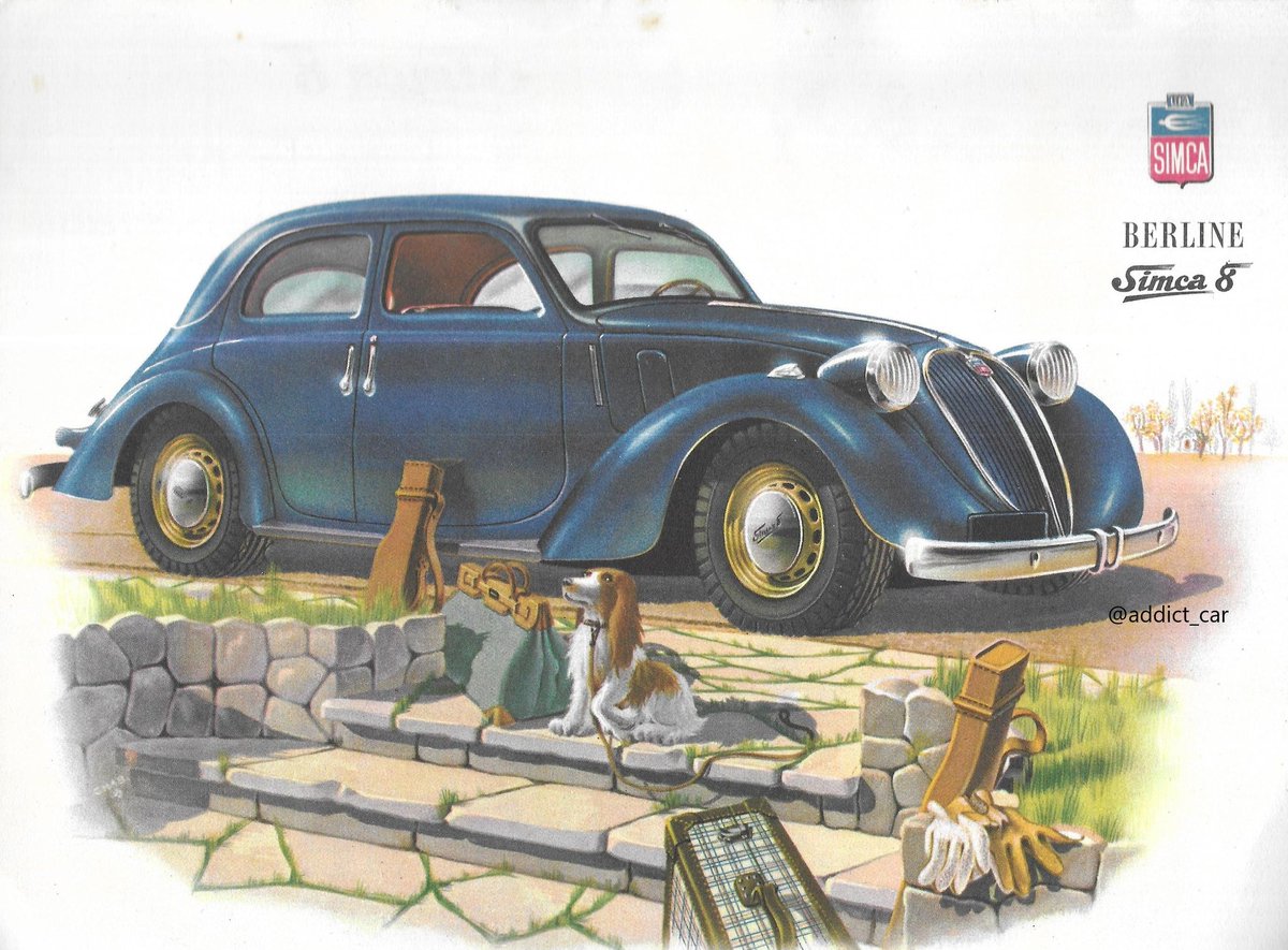 addict_car's tweet image. #Newheaderpic Hand-drawn illustrations, often making cars look sleeker than reality, were once the norm in car brochures, with colour photography only becoming common during the 1960s. Here's a charming 1946 effort from Simca, showcasing its 8 saloon. #carbrochure #Simca