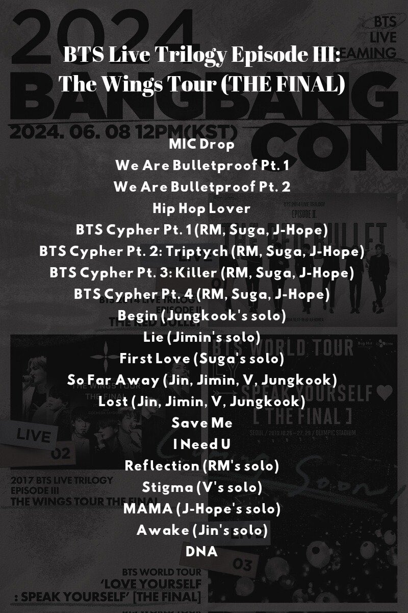 Shinemichm's tweet photo. Este es el setlist de los conciertos que transmitirán esta semana en el BangBangCon 2024 💜✨

BTS FESTA BANGBANGCON
BANGBANGCON 2024 IS COMING
#2024BTSFESTA #BTS11thAnniversary https://t.co/pbpZ5YYVoP