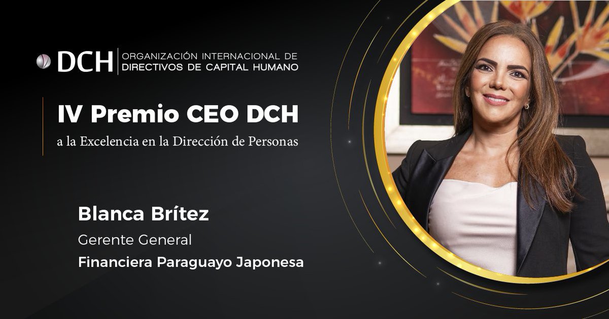 ✨Nos complace anunciar oficialmente a la ganadora del Premio CEO DCH Paraguay🏆Blanca Britez, Gerente General de Financiera Paraguayo Japonesa.   🗓️ Fecha: 20 Junio ⏰ 8:30h - 11:00h am
📍Dónde: Initiative Escuela de Negocios, Paraguay.
🎟️Inscripciones: dch.glueup.com/event/dch-annu…