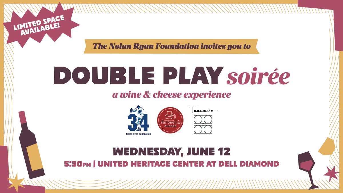 Last chance to register for the Double Play Soirée! The Nolan Ryan Foundation invites you to a wine & cheese experience by @AntonellisCHZ & Innumero Wines inside the United Heritage Center at Dell Diamond on Wednesday, June 12. Reserve your spot ➡️ bit.ly/3UgzyDy