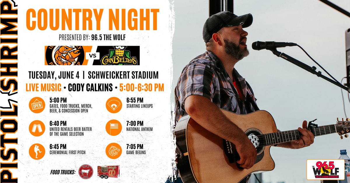 Tonight at Schweickert Stadium ➡️ Country Night presented by 96.5 The Wolf! 🤠

🎸 Cody Calkins 5:00 - 6:30
⚾️ First Pitch 7:05

🍖 Big B BBQ
🥨 Didoughs Twisted Pretzel Co.

#FearTheClaw | More Info ⬇️
pistolshrimpbaseball.com/x/l3pfq