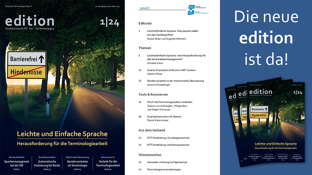 Spannende Artikel zum Thema Terminologie in der neuen Ausgabe der edition, der Fachzeitschrift für Terminologie: dttev.org/edition
<a href="/DTTeV/">DTT e. V.</a>
#Terminologie #leichtesprache #einfachesprache